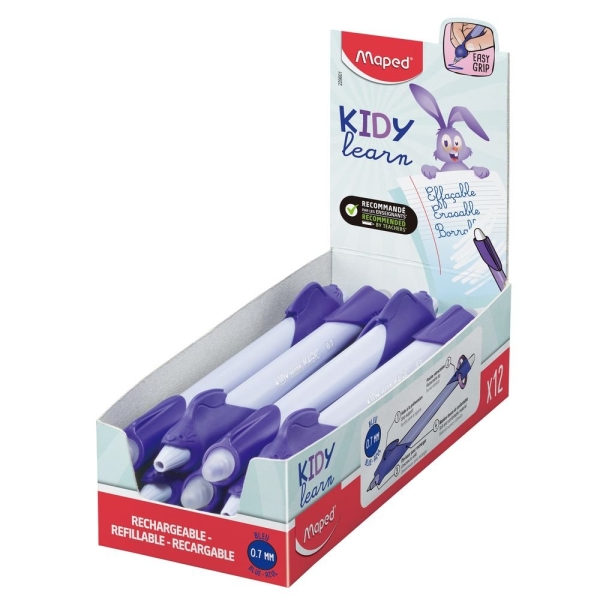 Maped Kidy Lern Magic Boligrafo Borrable con Guia para Dedos - Modelo Conejo - Tinta Color Azul - Recomendado para Niños de 4 a 10 Años - Color Violeta · Pack de 12 uds.