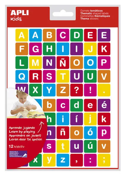 Apli Gomets Tematicos Letras - 12 Hojas (840 Gomets) - Adhesivo Removible - Ideal para Aprendizaje de Lectura y Escritura - Adhesivo Base Agua - Libre de Disolventes - Color Variado · Pack de 5 uds.