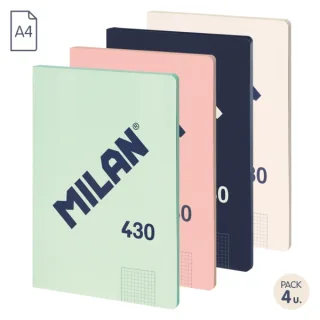 Milan 430 Since 1918 Pack de 4 Libretas A4 Encoladas - Cuadricula 5x5mm - 48 Hojas de 95g - Colores Surtidos