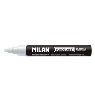 Milan Fluoglass Rotulador para Superficies Lisas - Punta Biselada - Trazo de 2 a 4mm - Tinta al Agua - Borrado Facil - Color Blanco