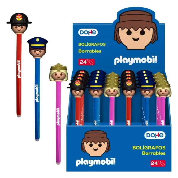 Dohe Playmobil Expositor de 24 Boligrafos Borrables - Punta 1mm, Trazo 0.5mm - Decorados Playmobil Policia, Bombero y Princesa- Tinta Azul