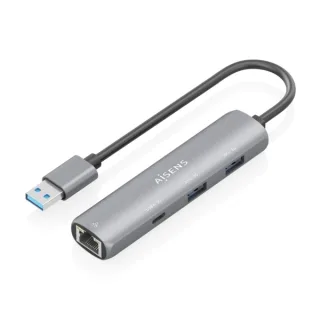 Aisens ASUC-4P035-GR Adaptador de Red USB 3.0 a Ethernet Gigabit + Hub 1xUSB-C y 2xUSB-A 3.0 - 15cm - Color Gris