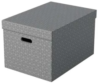 Esselte Pack de 3 Cajas Grandes de Almacenamiento con Tapa 355x305x510mm - Carton 100% Reciclado y Reciclable - Asas Integradas - Diseño Gris con Dibujo