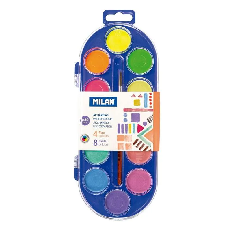 Milan Estuche de 12 Acuarelas Ø30 mm + Pincel Serie 101 - Mezclable - Colores Fluorescentes y Metalizados