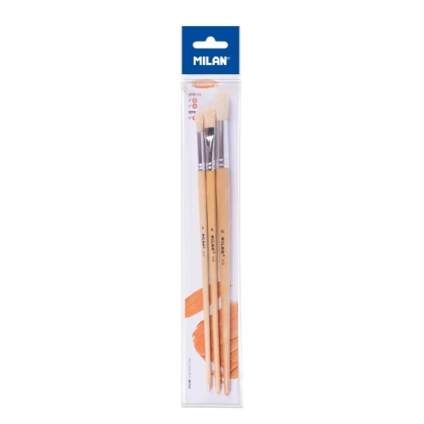 Milan 512 Pack de 3 Pinceles para Oleo - Formatos Surtidos - Incluye 1 Pincel Serie 522 Numero 8 - Color Madera Claro