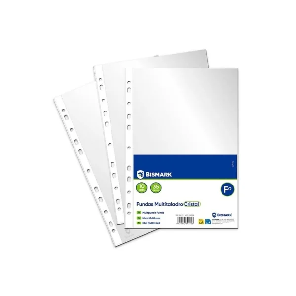 Bismark Pack de 10 Fundas Multitaladro Tamaño Folio 35 Micras - Acabado en Cristal - Ideal para Carpetas con Mecanismo de Anillas