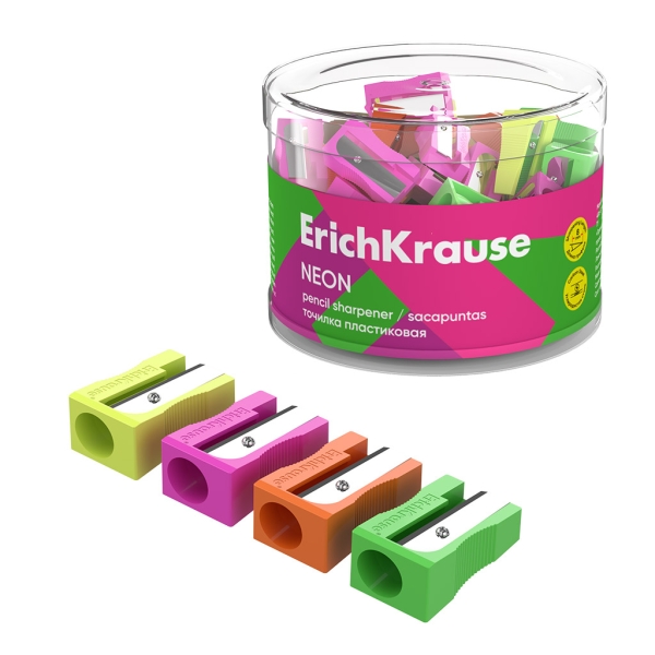 ErichKrause EasySharp Neon Sacapuntas de Plastico - Cuchilla Niquelada de Acero al Carbono - Orificio de 8mm - Colores Surtidos · Pack de 60 uds.