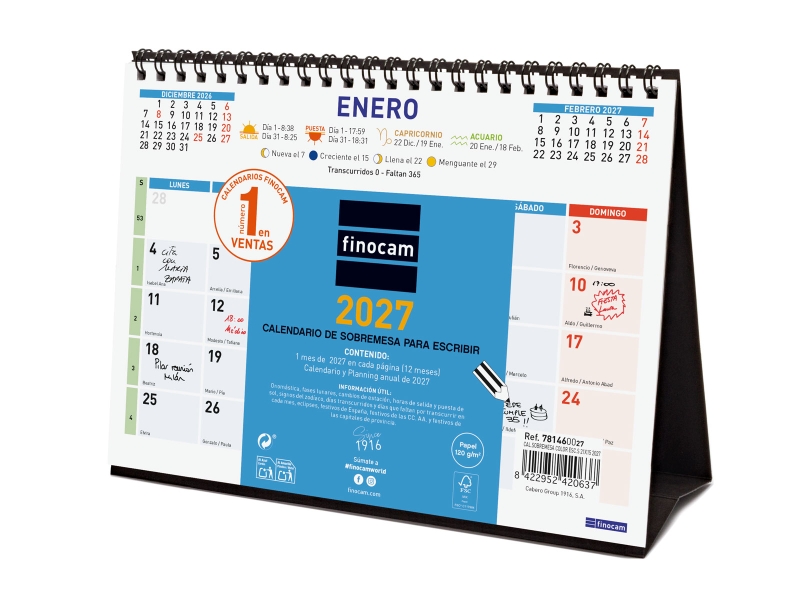 Finocam Color Calendario de Sobremesa - Anual 2027 - Mes Vista - Formato S - 210x150mm - Espiral Doble - Papel de 120g/m2 - Espacio para Escribir - Color Azul y Blanco
