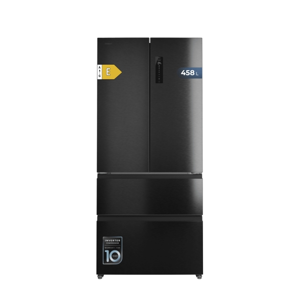 Cecotec Bolero CoolMarket F2D 458 SBI Dark E Frigorifico Puerta Francesa de 4 Puertas - Capacidad 458L - Silencioso 37dB - Luz LED - Pantalla LED - Compresor Inverter - Modo Vacaciones - Col