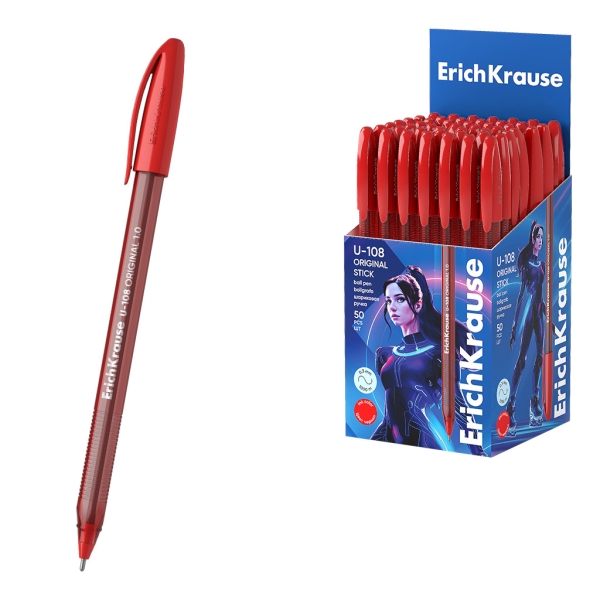 Erichkrause U-108 Boligrafo Clasico - Punta de Bola 1.0mm - Trazo de 0.3mm - Tapa Ventilada - Cuerpo Translucido y Tintado - Ultra Glide Technology - Color Rojo · Pack de 50 uds.