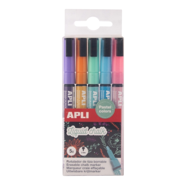 Apli Pack de 5 Rotuladores de Tiza Liquida - Punta Redonda 3mm - Secado Rapido - Colores Patel Surtidos