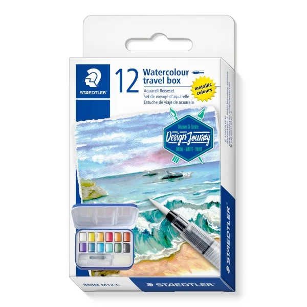 Staedtler 888 Design Journey Caja Metalica con 12 Pastillas de Acuarela Tonos Metalicos + Pincel de Agua M + Esponja - Tapa con Paleta para Mezclar - Colores Surtidos