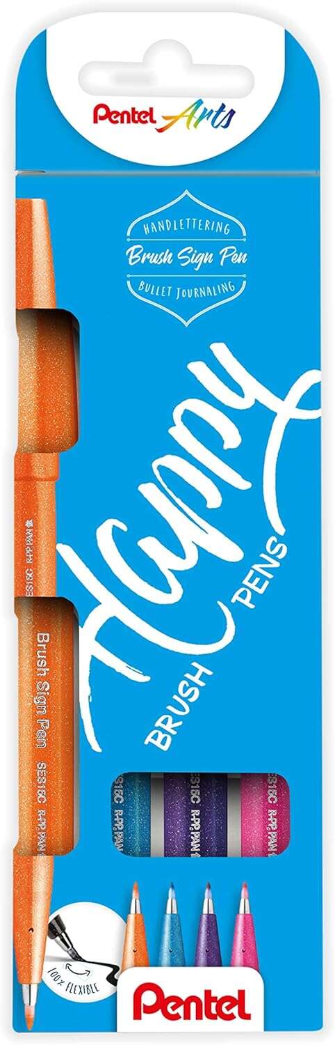 Pentel Brush Sing Pen Happy Pack de 4 Rotuladores con Punta de Pincel - Lineas Finas o Gruesas dependiendo de la Presion - Fabricados con 81% de Plasticos Recicldos - Colores Azul Cielo, Nar