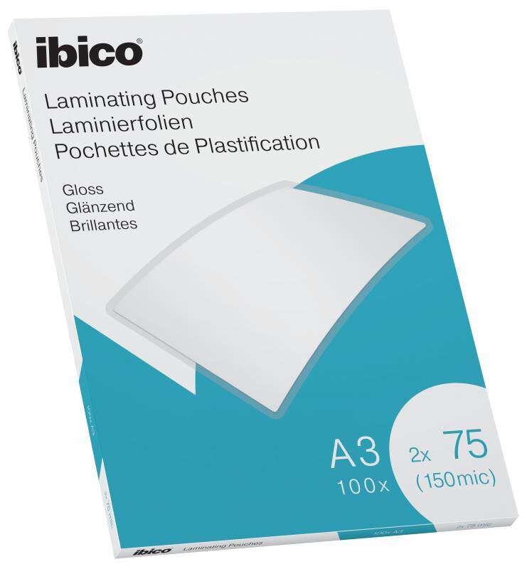 Ibico Caja de 100 Laminas de Plastificar Gloss A3 75 Micras - Acabado Cristalino de Alto Brillo - Color Transparente