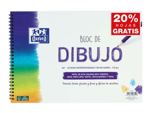 Oxford Bloc de Dibujo Escolar Espiral Formato A4+ con Reacuadro - 20 Hojas Microperforadas 130gr Color natural - Papel de Superfície Rugosa · Pack de 5 uds.