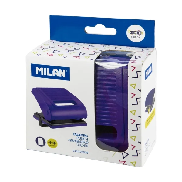 Milan Acid Taladro Perforador - Incluye Guia de Plastico - hasta 15 Hojas - Bloqueo de Seguridad - Facil Vaciado - Color Azul