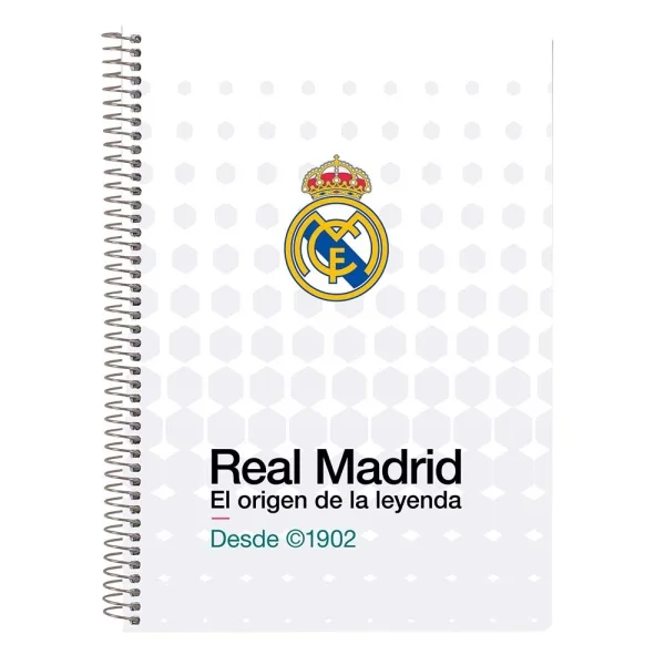 Safta Real Madrid Equipacion 26/27 Libreta con Espiral - Formato Cuarto - 80 Hojas de 80g/m2 - Cuadricula 4x4mm - Tapas Duras Glasofonadas - 15.5x22x1cm - Color Blanco
