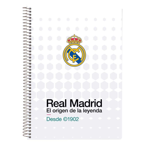 Safta Real Madrid Equipacion 26/27 Libreta con Espiral - Formato Cuarto - 80 Hojas de 80g/m2 - Cuadricula 4x4mm - Tapas Duras Glasofonadas - 15.5x22x1cm - Color Blanco
