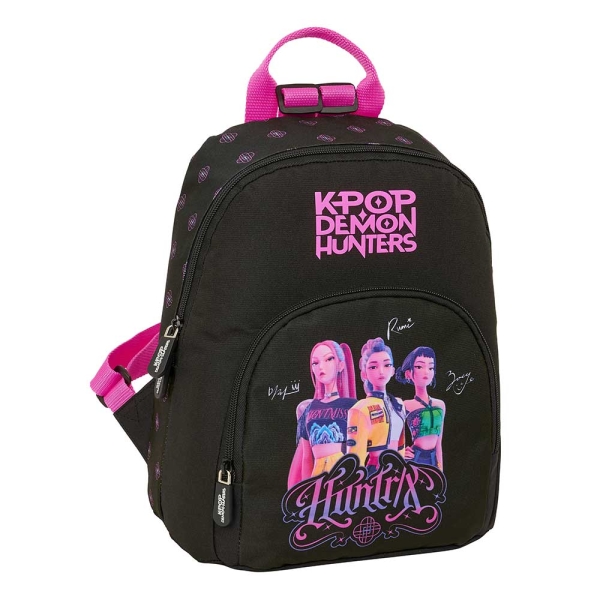 Safta K-Pop Demon Hunters Mini Mochila - Bolsillo Frontal y Trasero - Cremallera - Hombreras Ajustables - Asa Superior - Compacta y Ligera - 25x30x13cm - Color Negro y Rosa