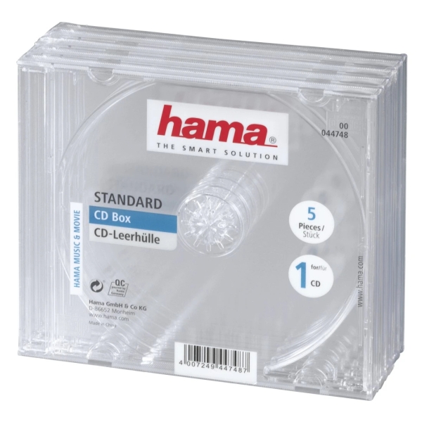 Hama Pack de 5 Cajas Vacias para CD/DVD - Poliestireno - 14x12.4x1.04cm - Color Transparente