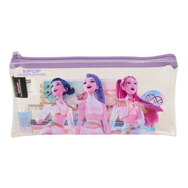 Safta K-Pop Demon Hunters Portatodo - Cremallera - PVC - Regla de 15cm - 2 Lapices - Sacapuntas - Goma - Bloc de Notas de 70 Hojas - 22.5x10.5x1cm - Color Transparente