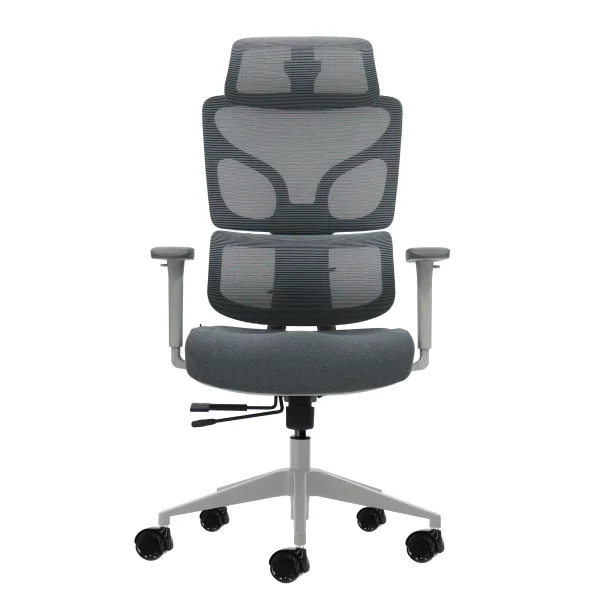 Oqonos Cherg 014 Silla de Oficina Ergonomica con Reposacabezas Cervical Ajustable, Respaldo y Asiento de Malla Elastica, Reposabrazos 4D, Asiento Deslizable Ergonomico Moldeado y Ruedas de Silicona - Gris
