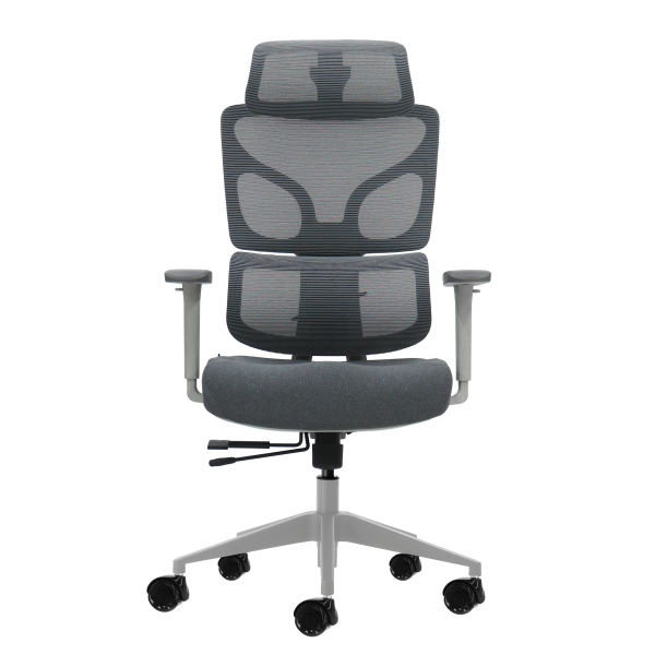 Oqonos Cherg 014 Silla de Oficina Ergonomica con Reposacabezas Cervical Ajustable, Respaldo y Asiento de Malla Elastica, Reposabrazos 4D, Asiento Deslizable Ergonomico Moldeado y Ruedas de Silicona - Gris