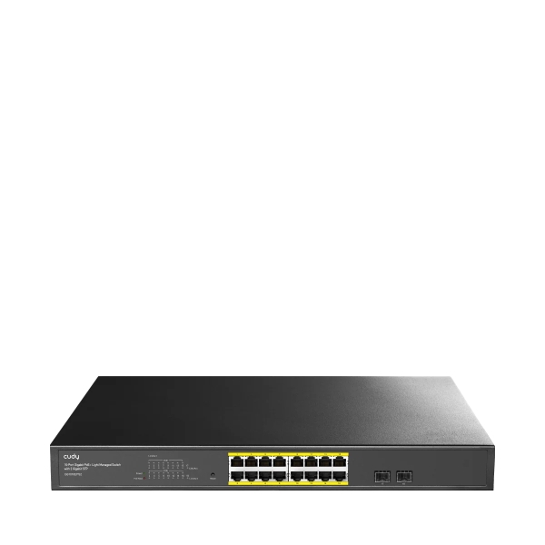 Cudy Switch Administrado de 18 Puertos - Capacidad Conmutacion 36Gbps - 16x RJ45 PoE+ - 2x Gigabit SFP - Reinicio Automatico - Vigilancia IGMP - Prevencion de Bucles - 440x220x44mm - Color Negro