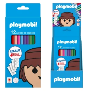 Dohe Playmobil Expositor con 12 Packs de 12 Lapices de Colores - Incluye 4 Hojas para Colorear en cada Pack - Mina de 2.8mm - Forma Hexagonal - Colores Surtidos