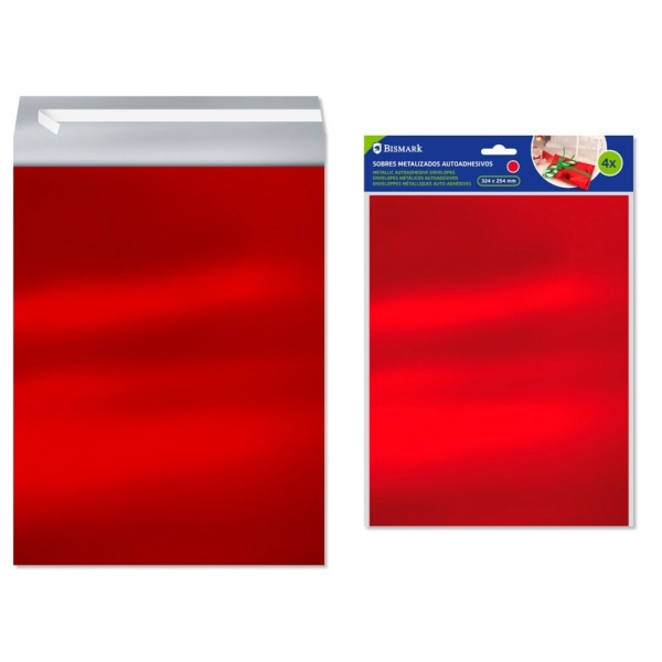 Bismark Pack de 4 Sobres Metalizados - Medidas 324x254mm - Cierre Autoadhesivo - Ideal para Regalos - Color Rojo Metalizado