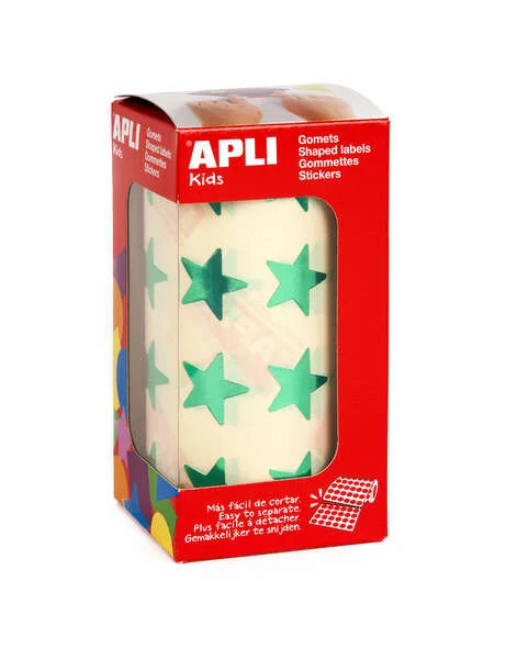 Apli Gomets Estrella Verde Metalizado - Tamaño 19.5mm - 1416 Gomets por Rollo - Adhesivo Permanente - Ideal para Escuelas y Talleres Infantiles - Cumple con Normas de Calidad y Seguridad