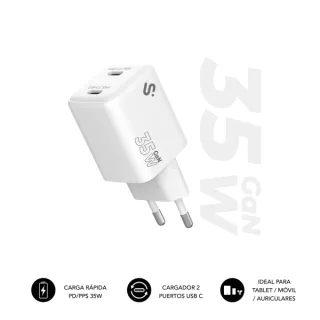 Subblim Cargador de Pared GaN 35W - 2xUSB-C - Carga rápida - Color Blanco
