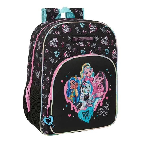 Safta Monster High Mochila Adaptable a Carro - Portabotellas - Tirador Doble - Hombreras Ergonomicas Acolchadas - Bolsillo Frontal - Asa de Mano Superior - 19L - 330x140x420mm - Color Negro