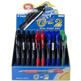 Pilot G2 Rollerball Expositor de 60 Boligrafos de Gel - Punta 0.7mm - Trazo 0.32mm - Recargable - Grip Ergonomico - Colores Surtidos