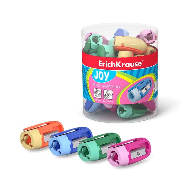 Erichkrause Joy Sacapuntas de Plastico - 1 Orificio de 8mm - Cuchilla de Acero al Carbono en Forma de Espiral - Clip de Sujeccion - Colores Surtidos · Pack de 48 uds.