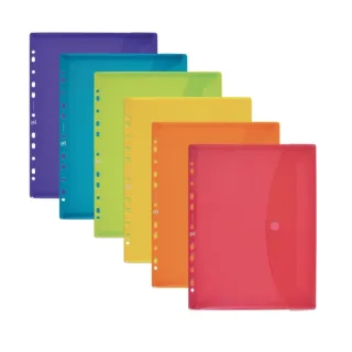 Oxford Sobre Portadocumentos Multitaladro A5 - Capacidad para 25 Hojas - Cierre de Velcro - 11 Taladros - Plastico Flexible Translucido - Colores Surtidos · Pack de 24 uds.