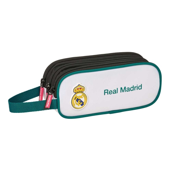 Safta Real Madrid Equipacion 26/27 Portatodo - 3 Compartimentos con Cremallera - Asa Lateral - 21x8.5x7cm - Color Blanco y Negro