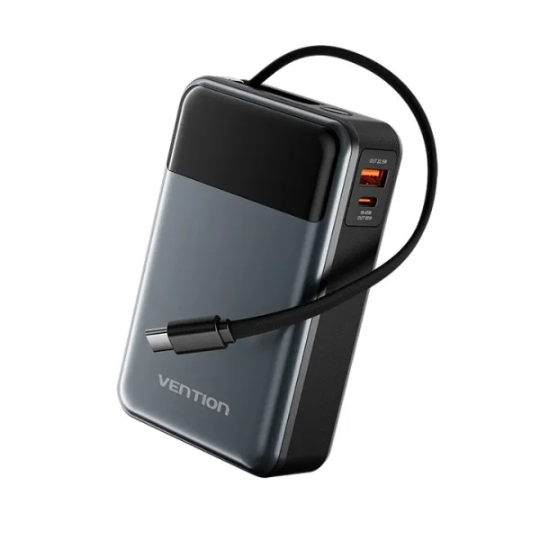 Vention Powerbank de 20000mAh - Potencia de Salida hasta 65W - Cable USB-C Integrado - USB-C - USB-A - Pantalla LED - Color Negro