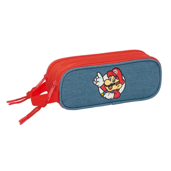 Safta Super Mario Portatodo - 2 Compartimentos con Cremallera - Asa Lateral - Capacidad 1L - 21x8x6cm - Color Rojo y Azul
