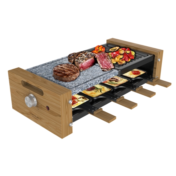 Cecotec Cheese and Grill 8400 Wood MixGrill Raclette - 1200W - 8 Sartenes Antiadherentes - Grill y Plancha - Termostato - Placas Antiadherentes de Acero y Piedra Extraibles - Color Madera Cl