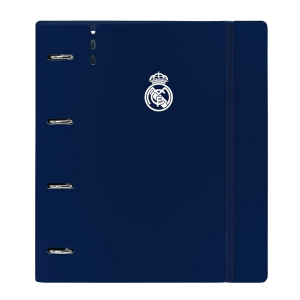 Safta Real Madrid 1ª Equip. 24/25 Carpeta con 4 Anillas 35mm - Tapas de PP Foam - Recambio 100 Hojas - Cierre Elastico - Separadores - Ranura para Boligrafo - 270x40x320mm - Color Azul Marino