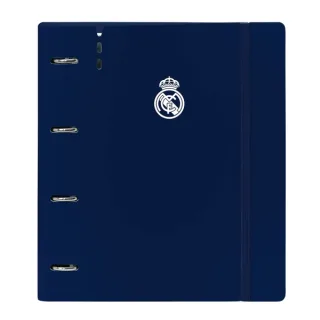 Safta Real Madrid 1ª Equip. 24/25 Carpeta con 4 Anillas 35mm - Tapas de PP Foam - Recambio 100 Hojas - Cierre Elastico - Separadores - Ranura para Boligrafo - 270x40x320mm - Color Azul Marin