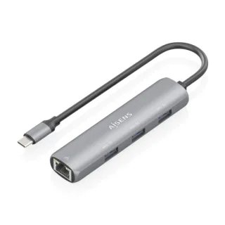 Aisens ASUC-4P038-GR Adaptador de Red USB-C a Ethernet Gigabit + Hub 3xUSB-A 3.0 - 15cm - Color Gris