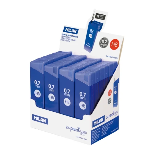 Milan Expositor con 24 Cajas de 12 Minas 0.7mm - Dureza HB - Color Azul