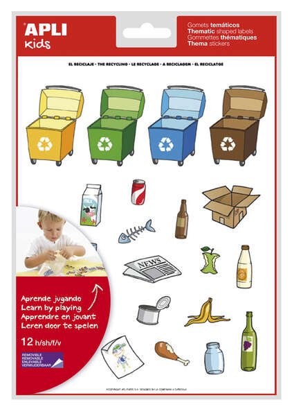 Apli Pack de 276 Gomets con Tematica El Reciclaje - Adhesivo Removible - Ilustraciones Divertidas - Ideal para Escuelas - 100% Reciclables · Pack de 5 uds.
