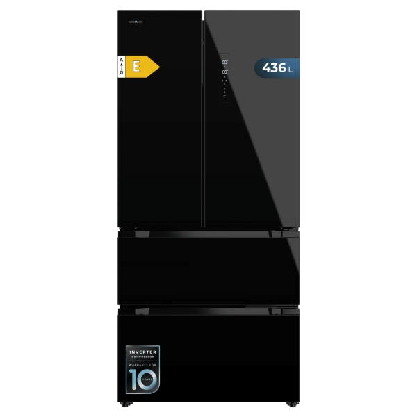 Cecotec Bolero CoolMarket FD 436 Black Glass E Frigorifico Puerta Francesa de 4 Puertas - 463L - Compresor Inverter - Modo Vacaciones - Puerta de Cristal - Frio Envolvente - 83.6x63.6x183cm