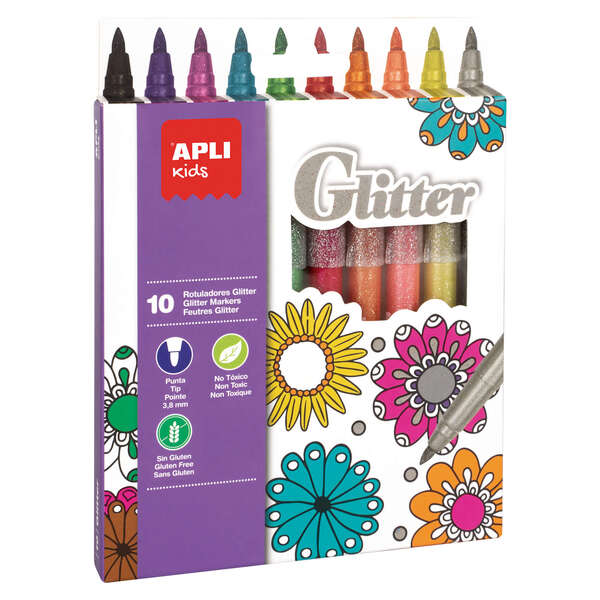 Apli Kids Rotuladores Glitter - Ø 12x137 mm - Cuerpo Cilindrico y Punta Redonda Bloqueada de Ø 3.8 mm - Colores Surtidos - Lavables, Anti Asfixia, No Toxicos, sin Gluten y Tinta de Larga Duracion