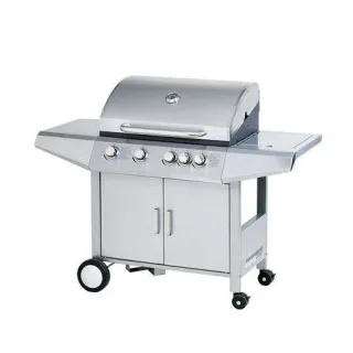 Muvip Barbacoa Gas Inox 5 Fuegos - Estructura Acero Inoxidable - 4 Fuegos Centrales + 1 Fuego Lateral - Rejillas Esmaltadas - Bandeja Lateral - Asa Tacto Frio - Ruedas Transporte - Color Pla