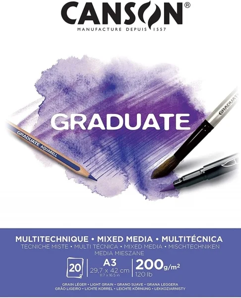 Canson Graduate Mix Media Bloc Encolado de 20 Hojas A3 de 200g - Grano Fino - Color Blanco