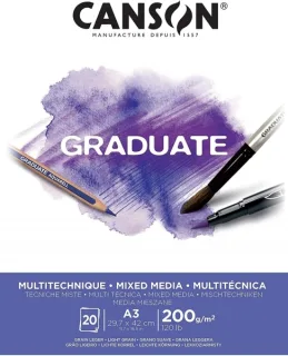 Canson Graduate Mix Media Bloc Encolado de 20 Hojas A3 de 200g - Grano Fino - Color Blanco